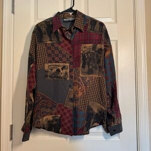 Vintage Ellen Tracy Patchwork Button-Up Shirt 100% Silk